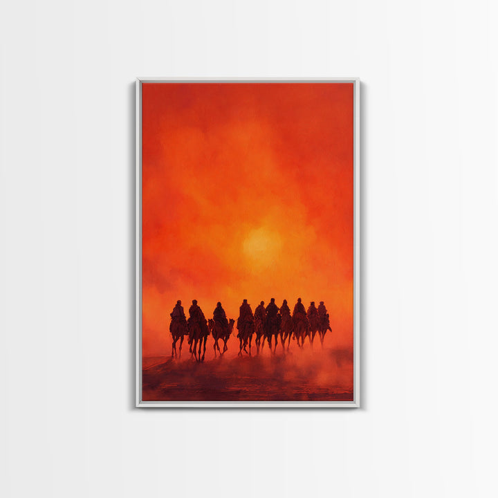 Silhouettes Of Travelers On Camels Against Vibrant Orange Sunset Desert Landscape Wall Art Canvas Print