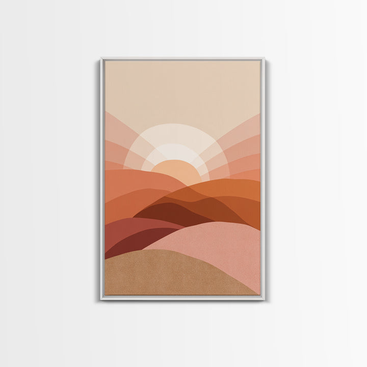 Terracotta Desert Sunrise Over Layered Hills Framed Canvas Print, Boho Wall Art, Earth Tone Decor, Large Abstract Landscape