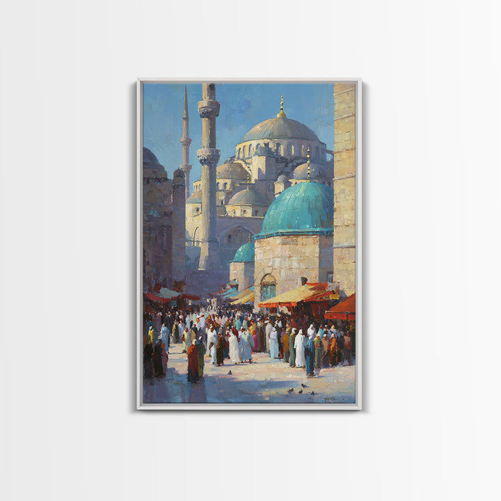 Islamic Architecture Mosque At Night Under Starry Sky With Reflective Marble Floor Wall Art Framed Canvas Print For Spiritual Decor