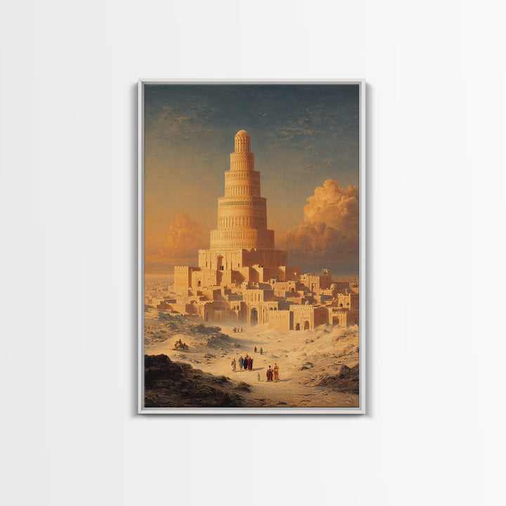Majestic Ancient Tower With People And Sunset Sky Painting Wall Art Framed Canvas Print For Home Decor