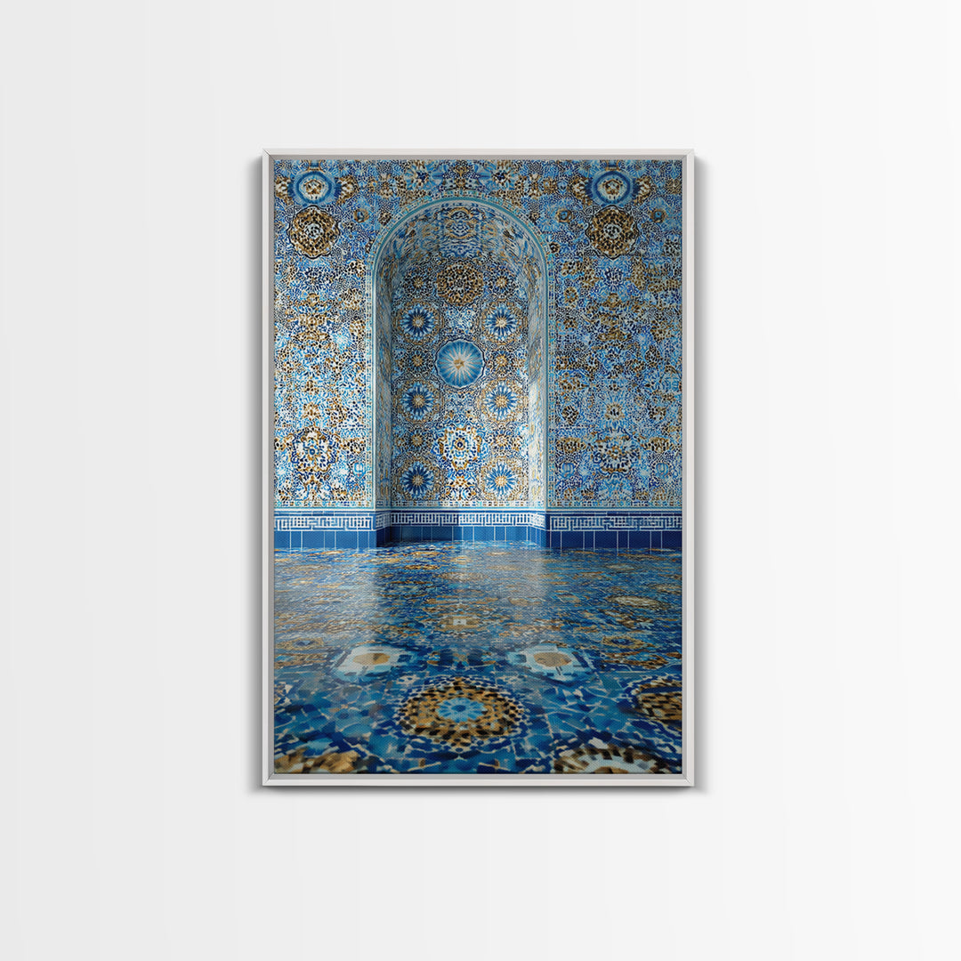 Intricate Islamic Tile Pattern Blue And Gold Wall Art Framed Canvas Print Featuring Elegant Cultural Home Decor Or Gift
