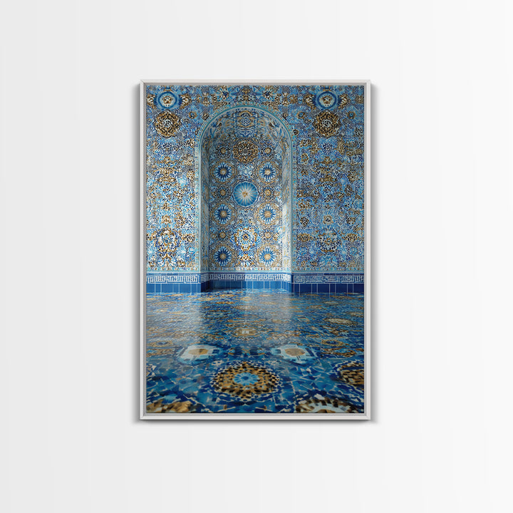 Intricate Islamic Tile Pattern Blue And Gold Wall Art Framed Canvas Print Featuring Elegant Cultural Home Decor Or Gift