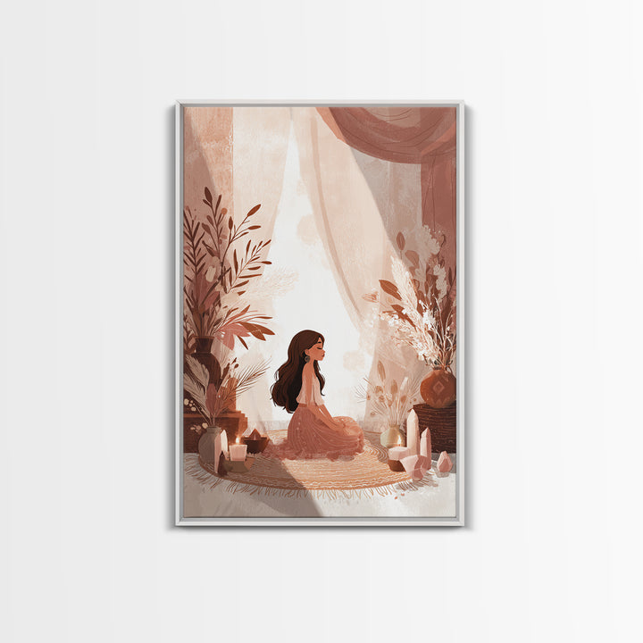 Boho Meditation Girl With Crystals And Pampas Framed Canvas Print, Yoga Studio Wall Art, Spiritual Decor, Boho Home Decor Gift