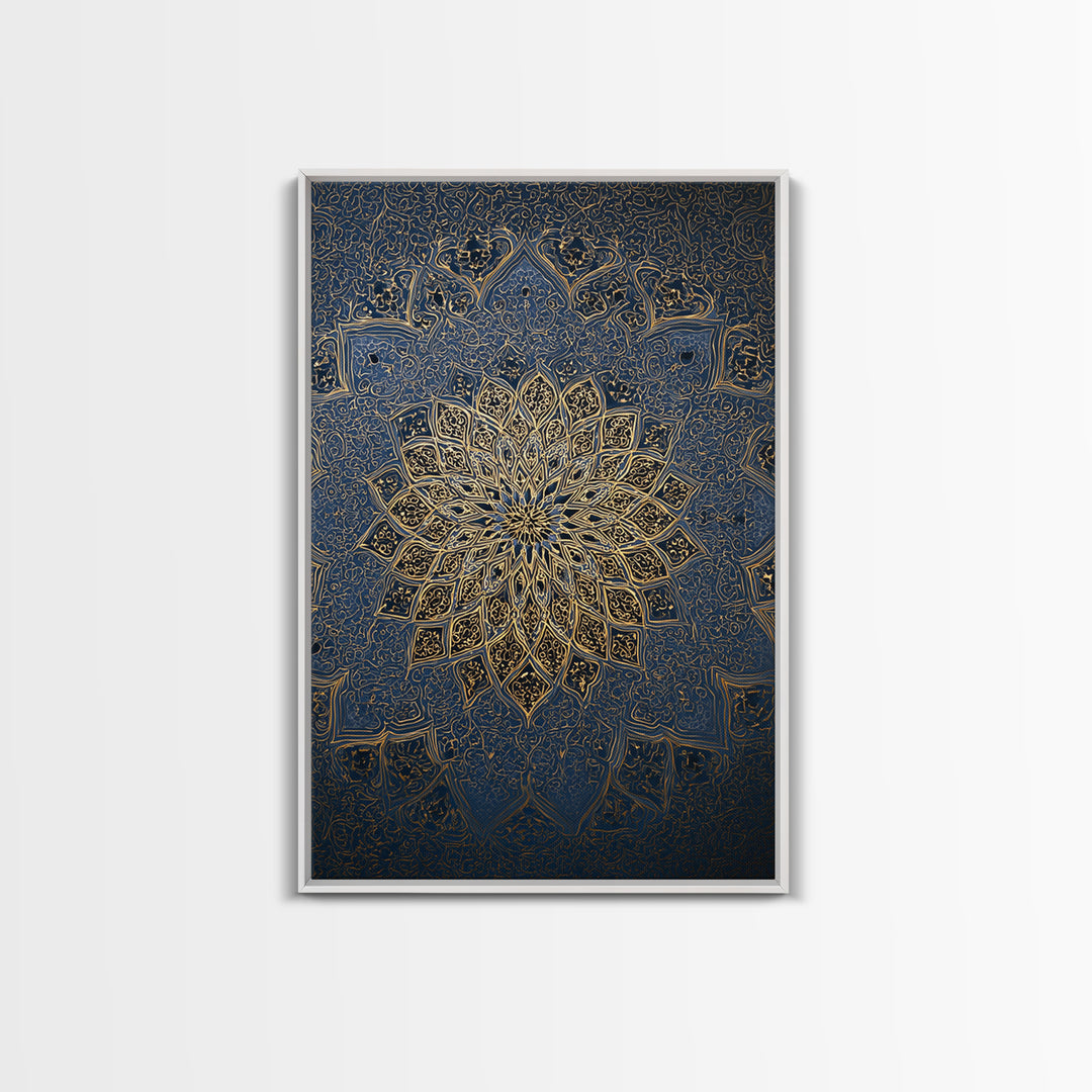 Intricate Blue And Gold Islamic Mandala Wall Art With Ornate Patterns Framed Canvas Print For Elegant Modern Home Decor