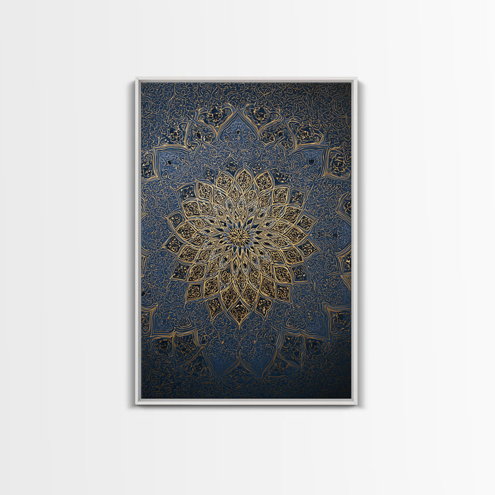 Intricate Blue And Gold Islamic Mandala Wall Art With Ornate Patterns Framed Canvas Print For Elegant Modern Home Decor