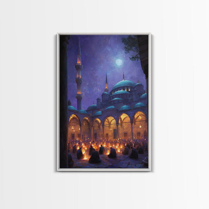 Starry Night Prayer Scene With Glowing Lamps And Mesmerizing Night Sky In Traditional Islamic Architecture Wall Art