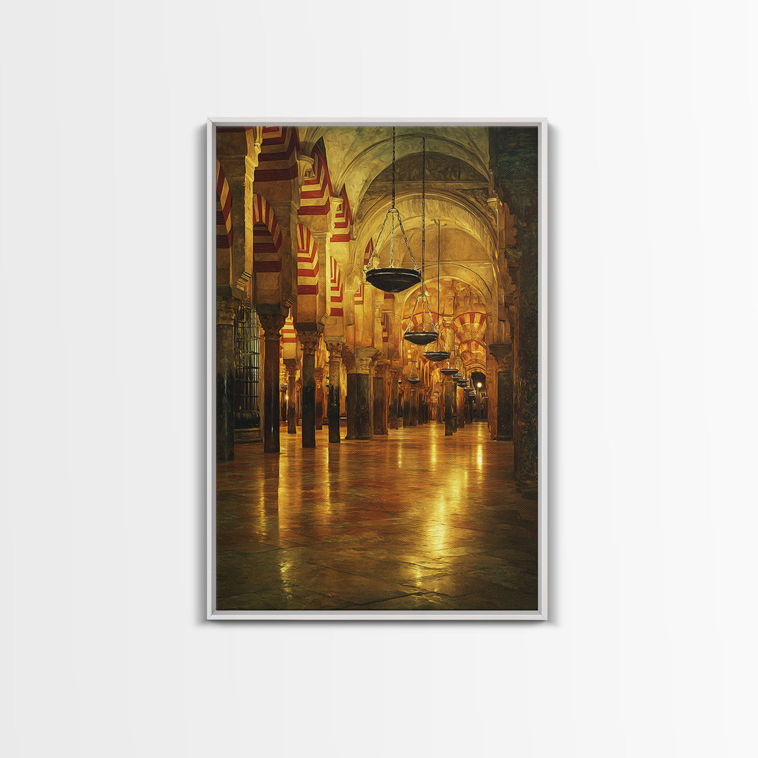 Golden Mosque Interior Glowing Warm Light Framed Canvas Islamic Wall Art Traditional Architecture Home Decor