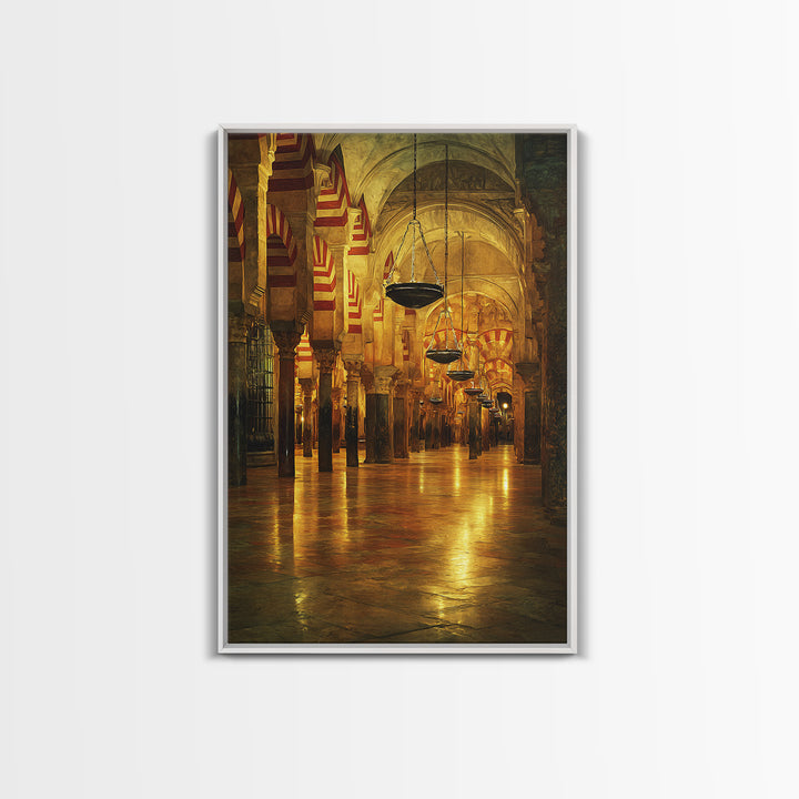 Golden Mosque Interior Glowing Warm Light Framed Canvas Islamic Wall Art Traditional Architecture Home Decor
