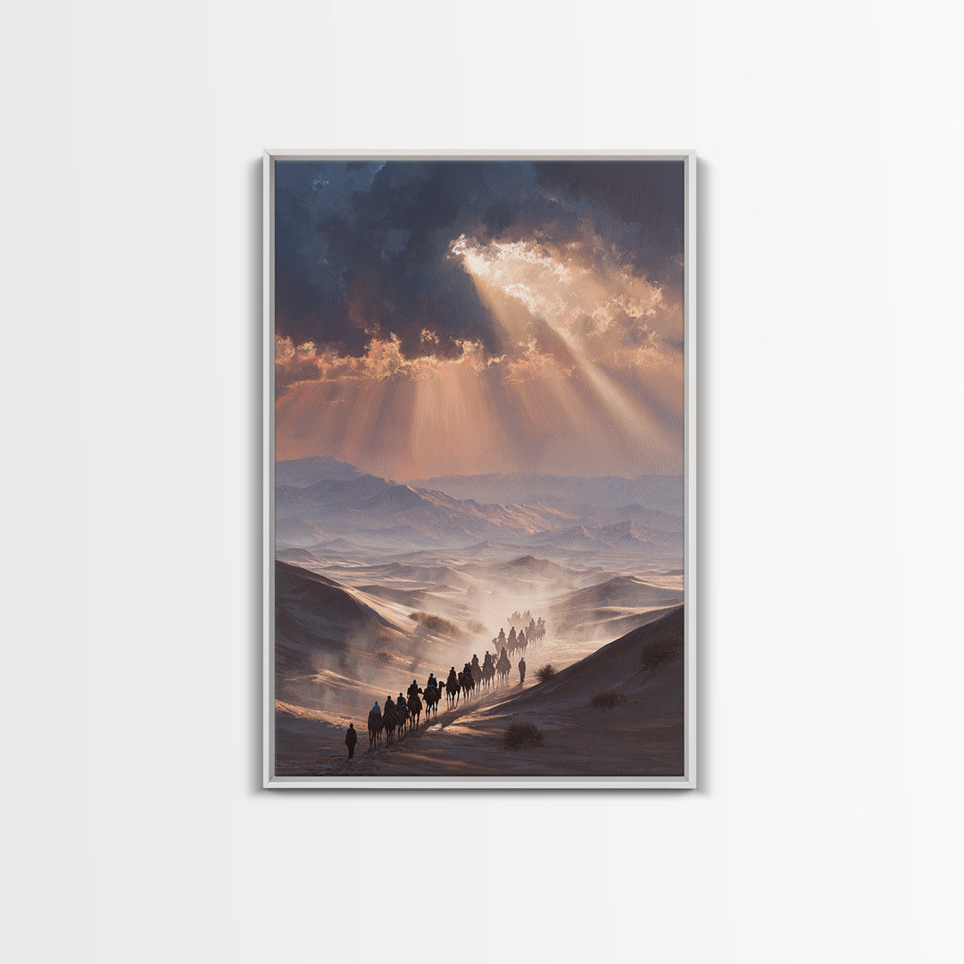 Desert Caravan Landscape Painting Dramatic Sunset Wall Art Framed Canvas Print For Southwest Home Decor Gift
