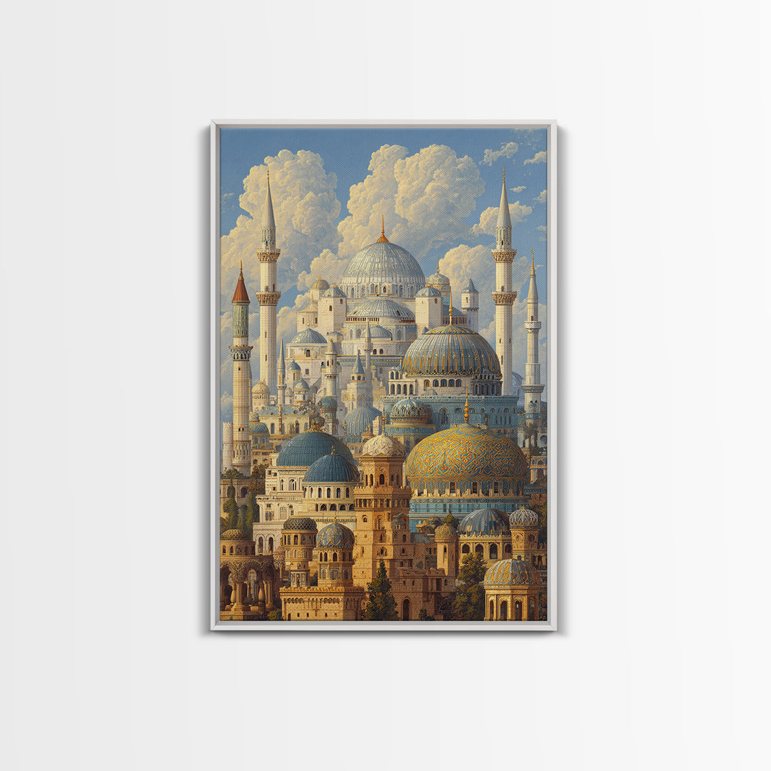Detailed Ottoman Mosque Architecture With Puffy Clouds Original Landscape Oil Painting Wall Art For Home Or Office Decor
