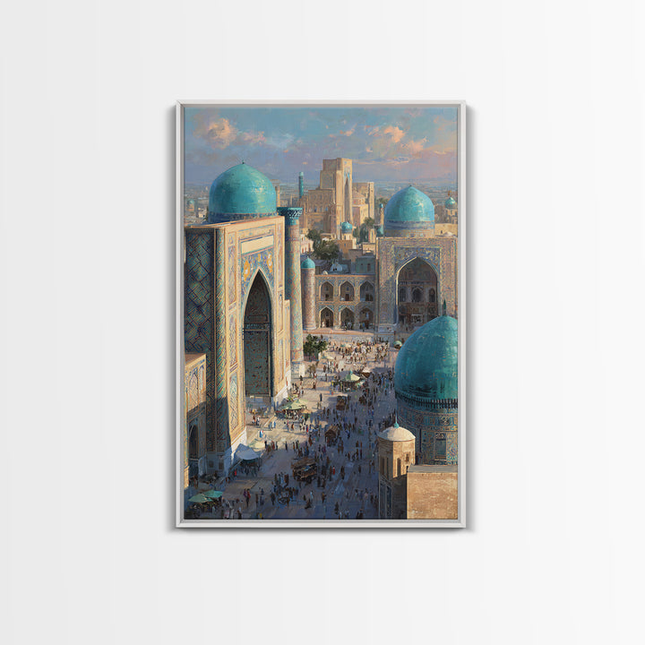 Sunlit Oriental Market Street With Blue Domed Buildings Painting Wall Art Framed Canvas Print