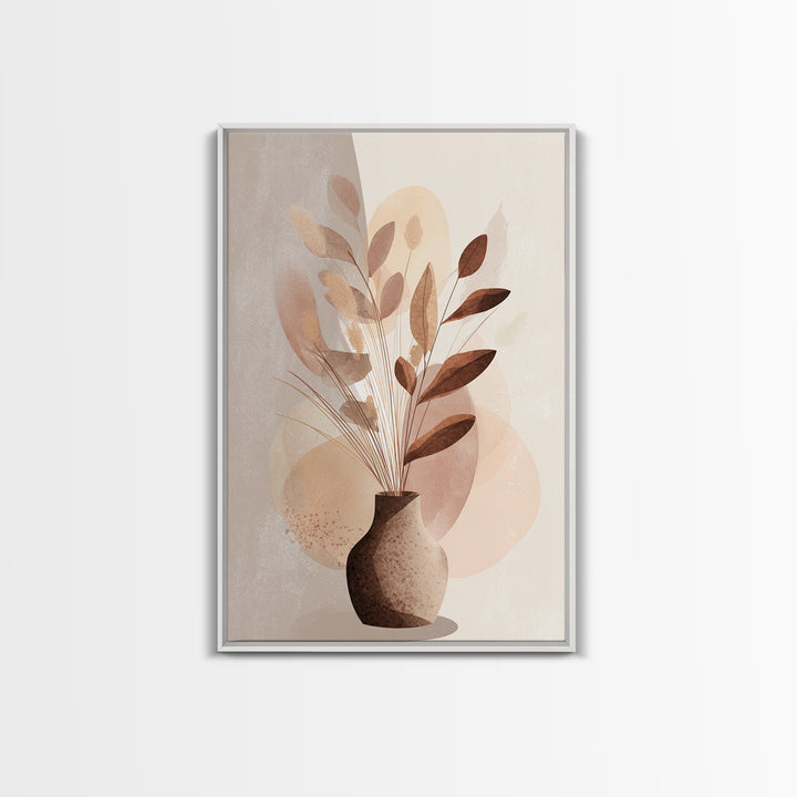 Neutral Botanical Vase With Soft Abstract Leaves Framed Canvas Print, Minimalist Wall Art, Japandi Decor, Modern Home Decor