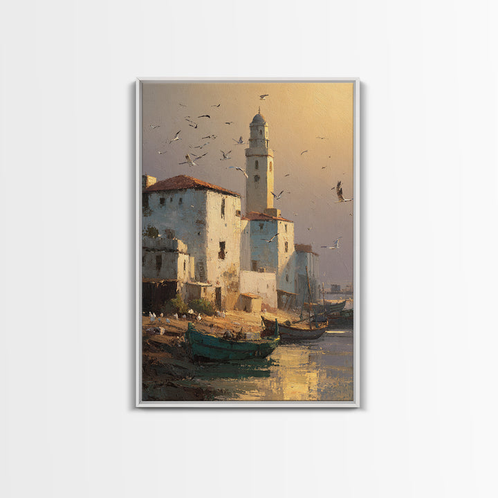 Quiet Coastal Town Harbor Scene With Boats And Warm Light Canvas Print Wall Art For Nautical Home Decor And Living Room Wall Art
