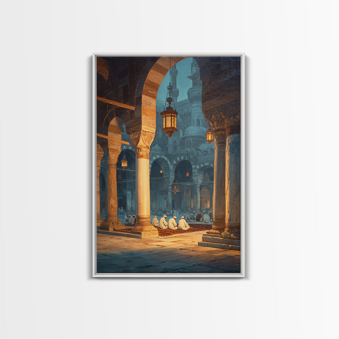 Ancient Mosque Interior With Worshippers And Pillars Framed Canvas Print Islamic Wall Art Modern Home Decor