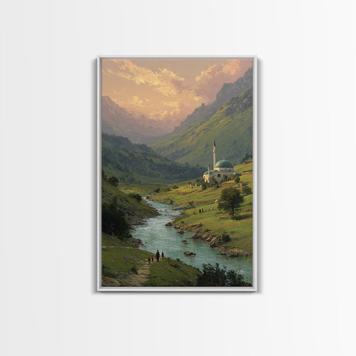 Peaceful Mountain Village With Flowing River Landscape Oil Painting Canvas Print For Nature Lovers And Tranquil Wall Decor