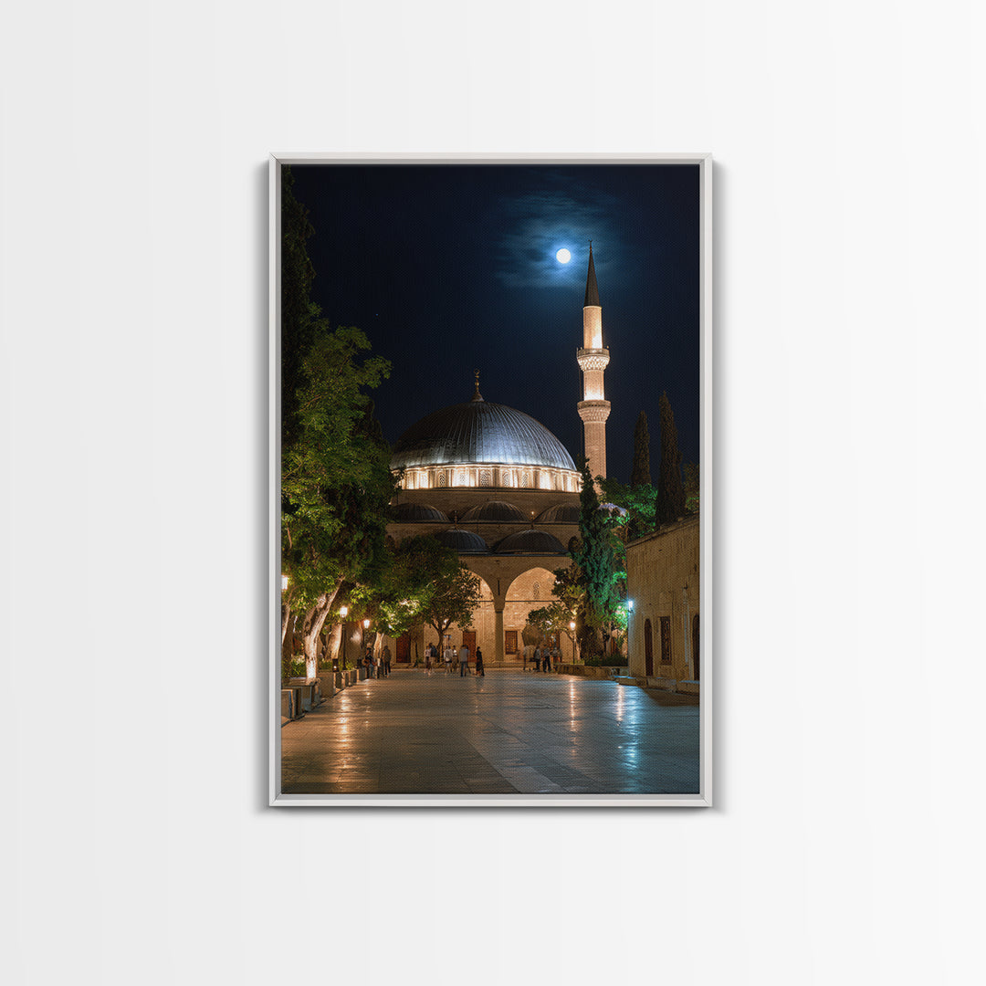 Nighttime Mosque With Illuminated Minaret Photography Wall Art Framed Canvas Print Spiritual Home Decor