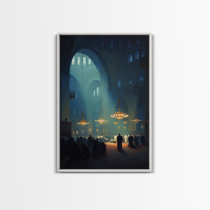 Spiritual Worship Scene Inside Cathedral With Light Beams And Congregation Modern Wall Art Canvas Print For Living Room Décor