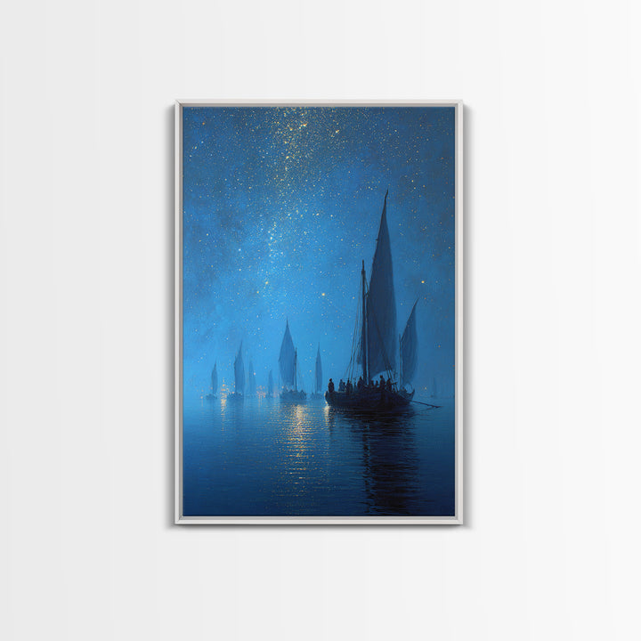 Starry Night Sailboat Scene With Glittering Sky And Calm Water - Modern Wall Art For Living Room Decor