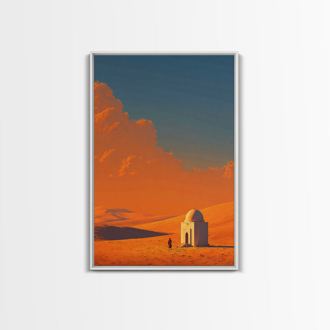 Desert Landscape With Monochrome Architecture And Vibrant Orange Sky Wall Art Framed Canvas Print For Home