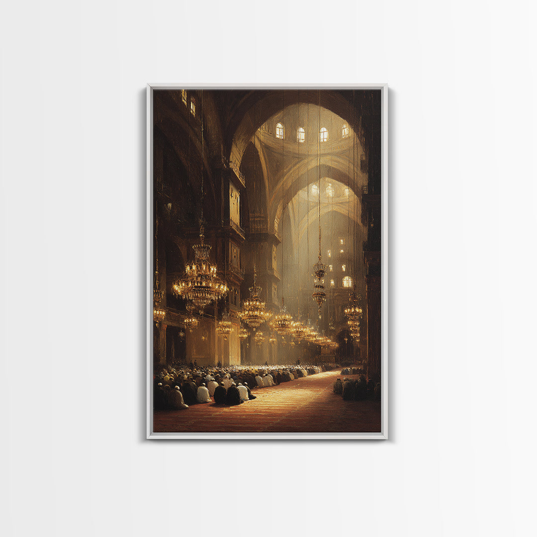Majestic Mosque Interior With Warm Golden Light And Praying Crowd Religious Wall Art Perfect Home Decor