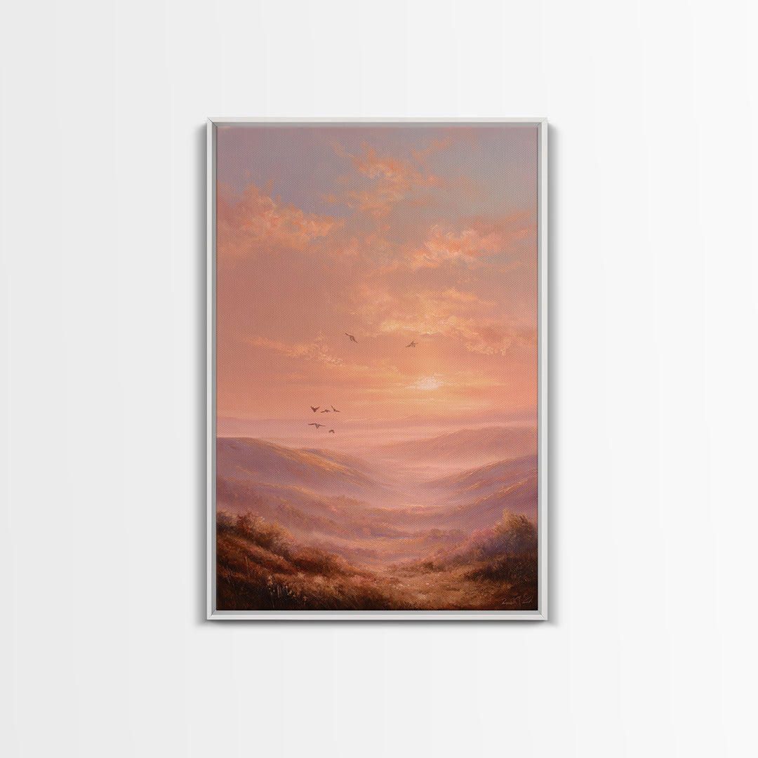 Golden Sunset Mountain Valley With Birds Framed Canvas Print, Landscape Wall Art, Warm Nature Decor, Living Room Wall Decor