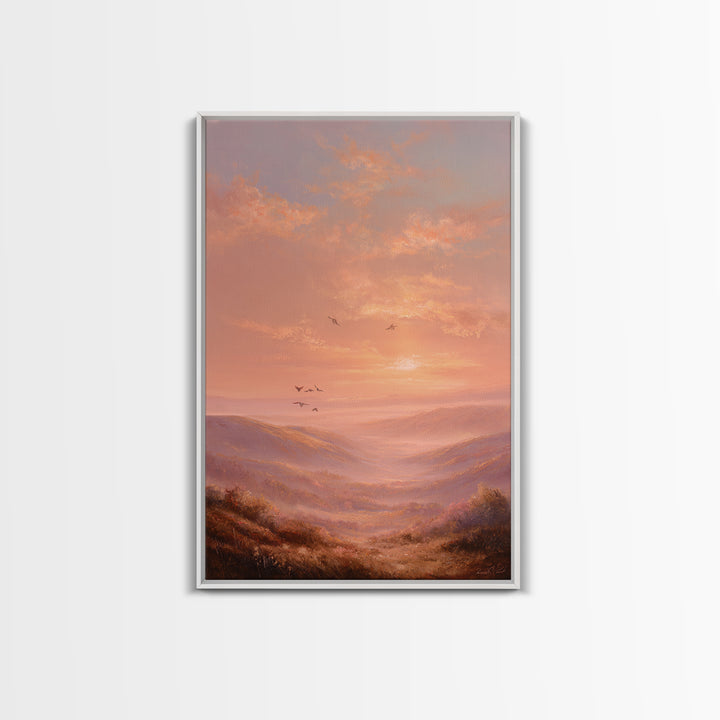 Golden Sunset Mountain Valley With Birds Framed Canvas Print, Landscape Wall Art, Warm Nature Decor, Living Room Wall Decor