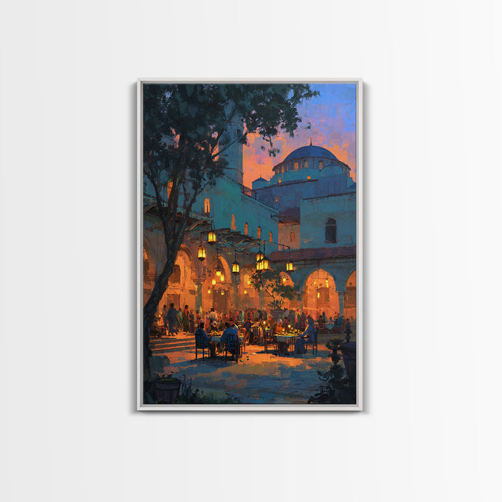 Serene Evening Mosque Courtyard With Warm Light And People Digital Painting Canvas Print For Cultural And Cozy Wall Decor