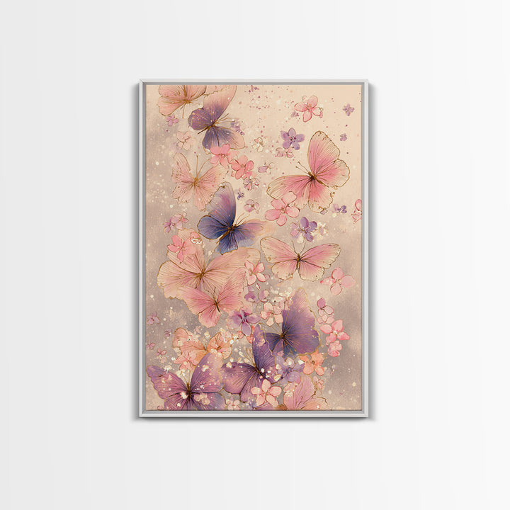 Pink And Purple Butterflies With Tiny Blossoms Framed Canvas Print, Feminine Wall Art, Butterfly Art Print, Nursery Decor