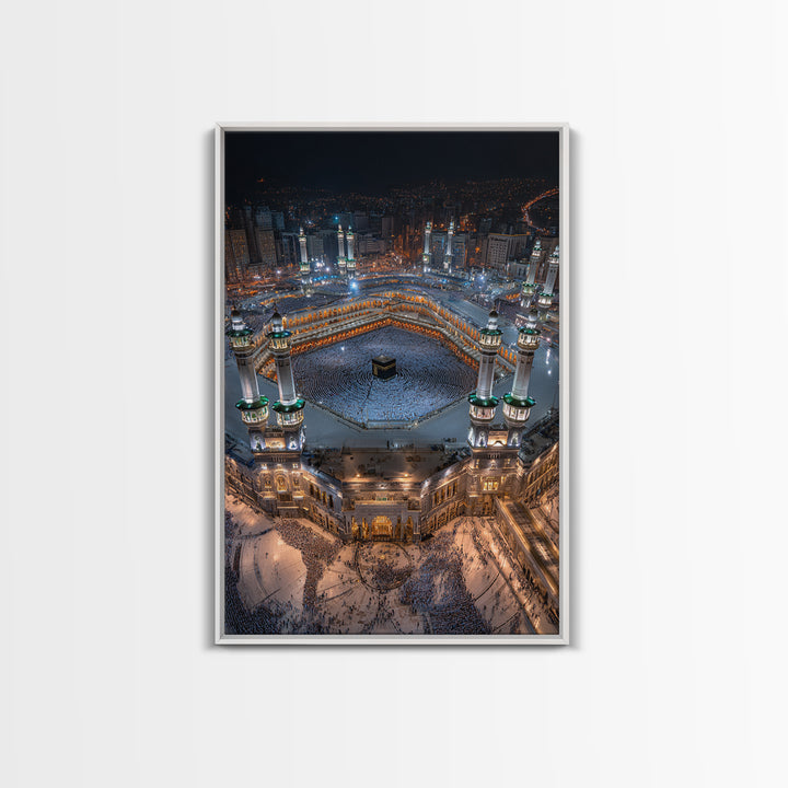 Aerial Nighttime View Of Mecca Holy Mosque And Kaaba Islamic Spiritual Artwork Large Wall Art Framed Canvas Print For Home Decor