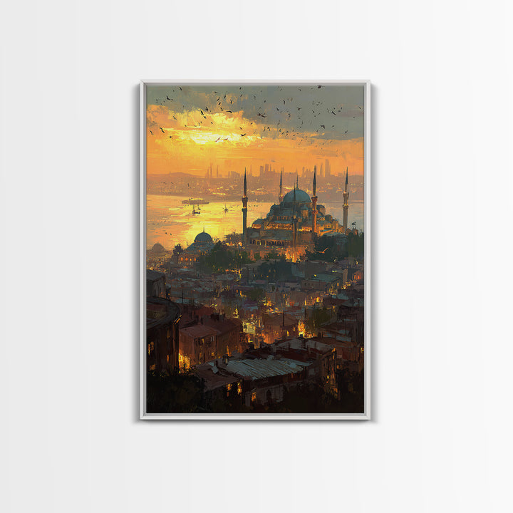 Sunset Cityscape With Mosque And Glowing Skyline Vibrant Fine Art Canvas Print For Urban Wall Decor