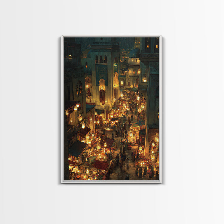 Bustling Middle Eastern Market At Night Glowing Lanterns Exotic Bazaar Wall Art Framed Canvas Print For Decor