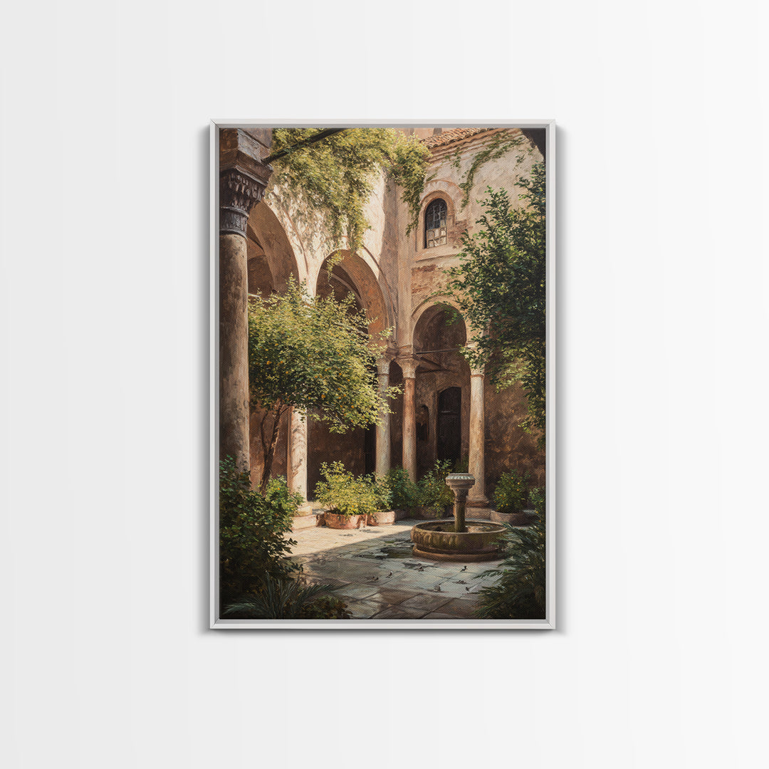 Sunlit Mediterranean Courtyard Garden Wall Art Framed Canvas Print For Rustic Home Decor