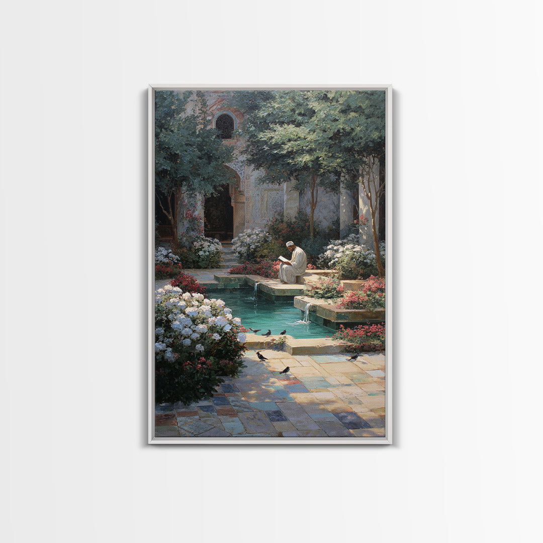 Serene Islamic Courtyard With Reflective Pool And Reading Man Oriental Framed Canvas Print Elegant Wall Art For Sophisticated Home