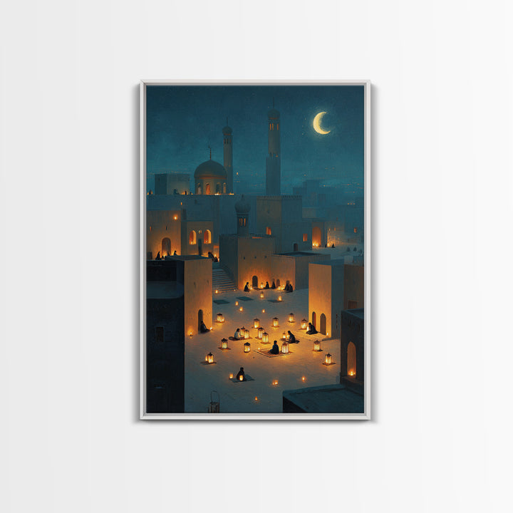 Peaceful Lantern Lit Desert Scene With Blue Twilight Desert Night Wall Art Framed Canvas Print For Bedroom