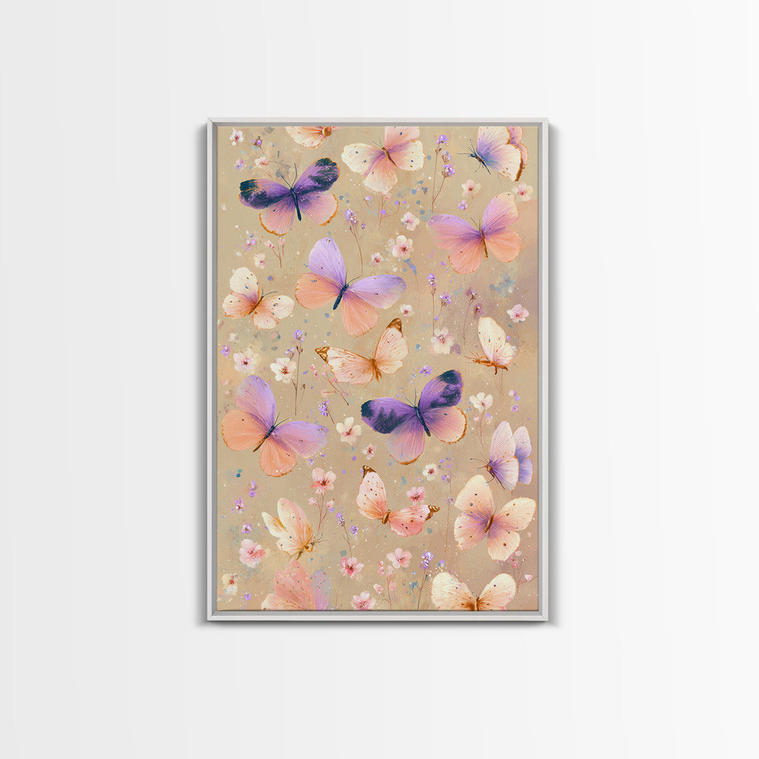 Pastel Butterflies And Wildflowers On Beige Canvas Print, Whimsical Wall Art, Girls Room Decor, Colorful Nursery Art Gift