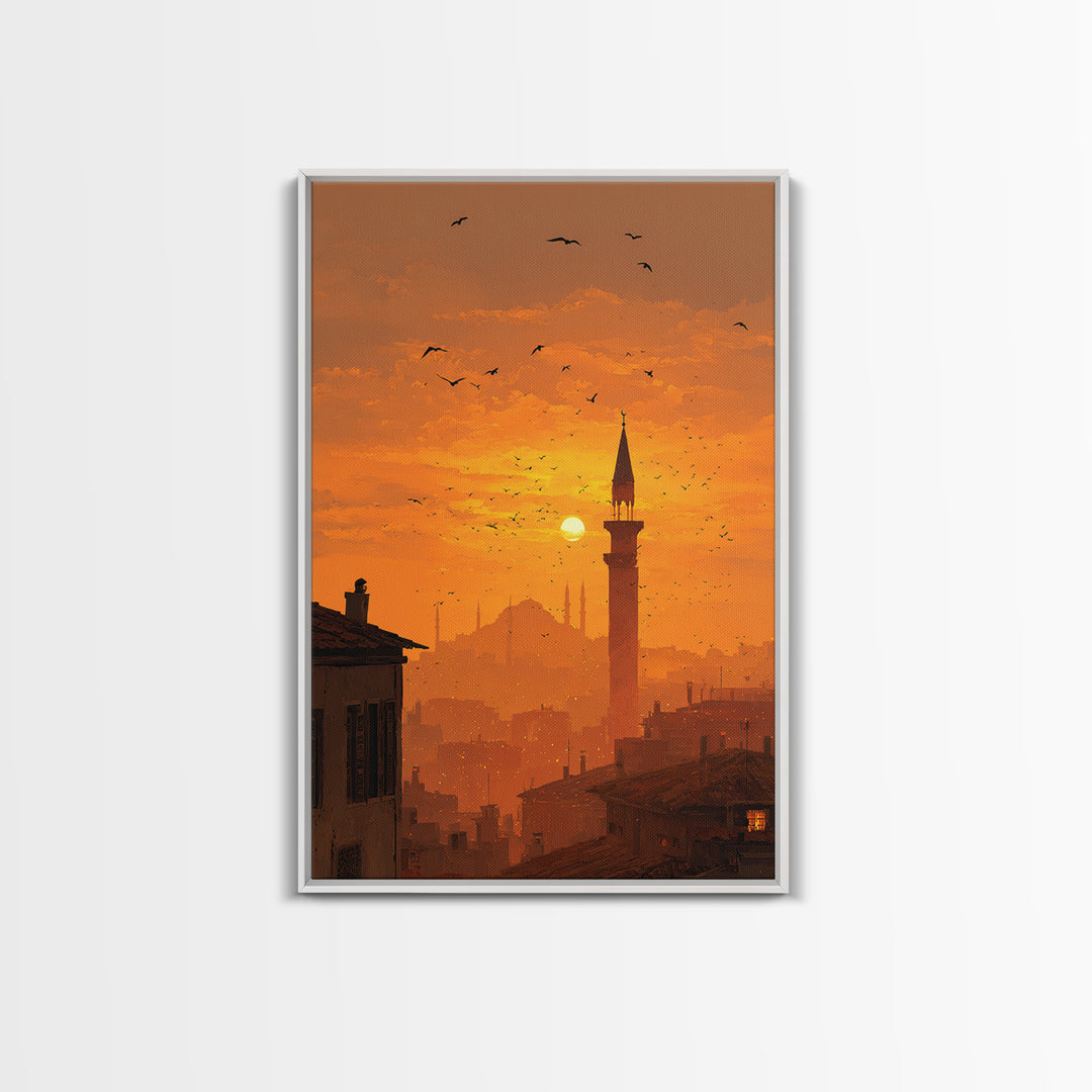 Golden Hour Sunset Over Cityscape With Birds Flying Wall Art Canvas Print For Warm Home Decor And Relaxing Living Room