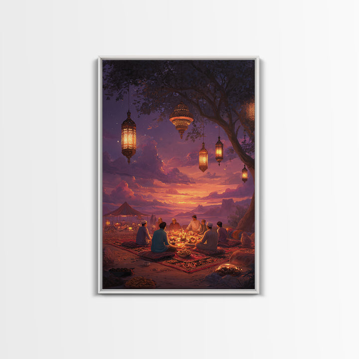 Illustrated Lanterns Night Scene Moroccan Style Wall Art Boho Home Decor Framed Canvas Print