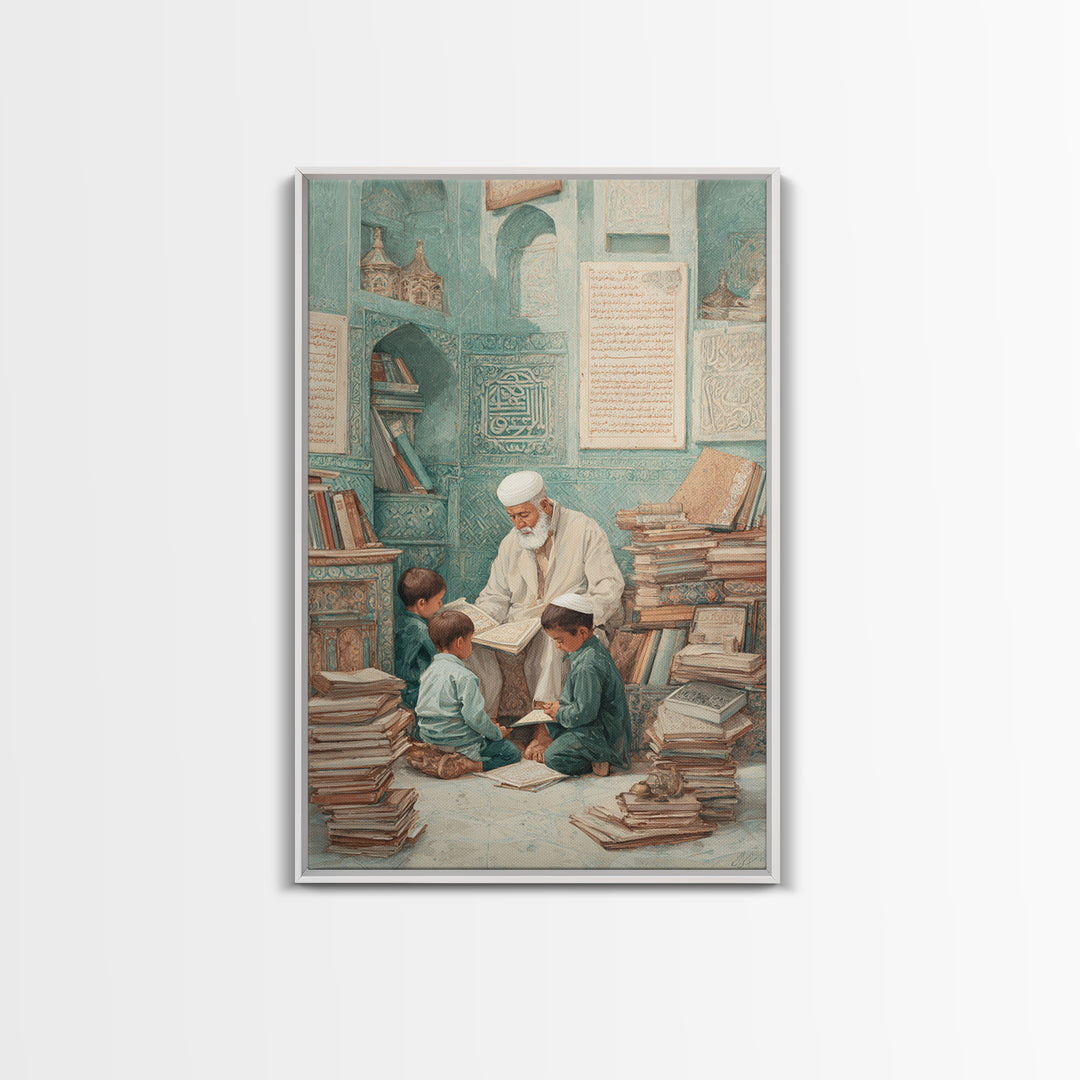 Traditional Islamic Learning Scene With Elderly Teacher And Students Wall Art Framed Canvas Print For Home Decor