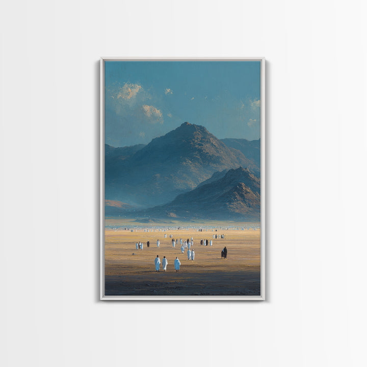 Expansive Desert Landscape With People Traveling Artistic Wall Art Framed Canvas Print For Minimalist Rustic Home Decor