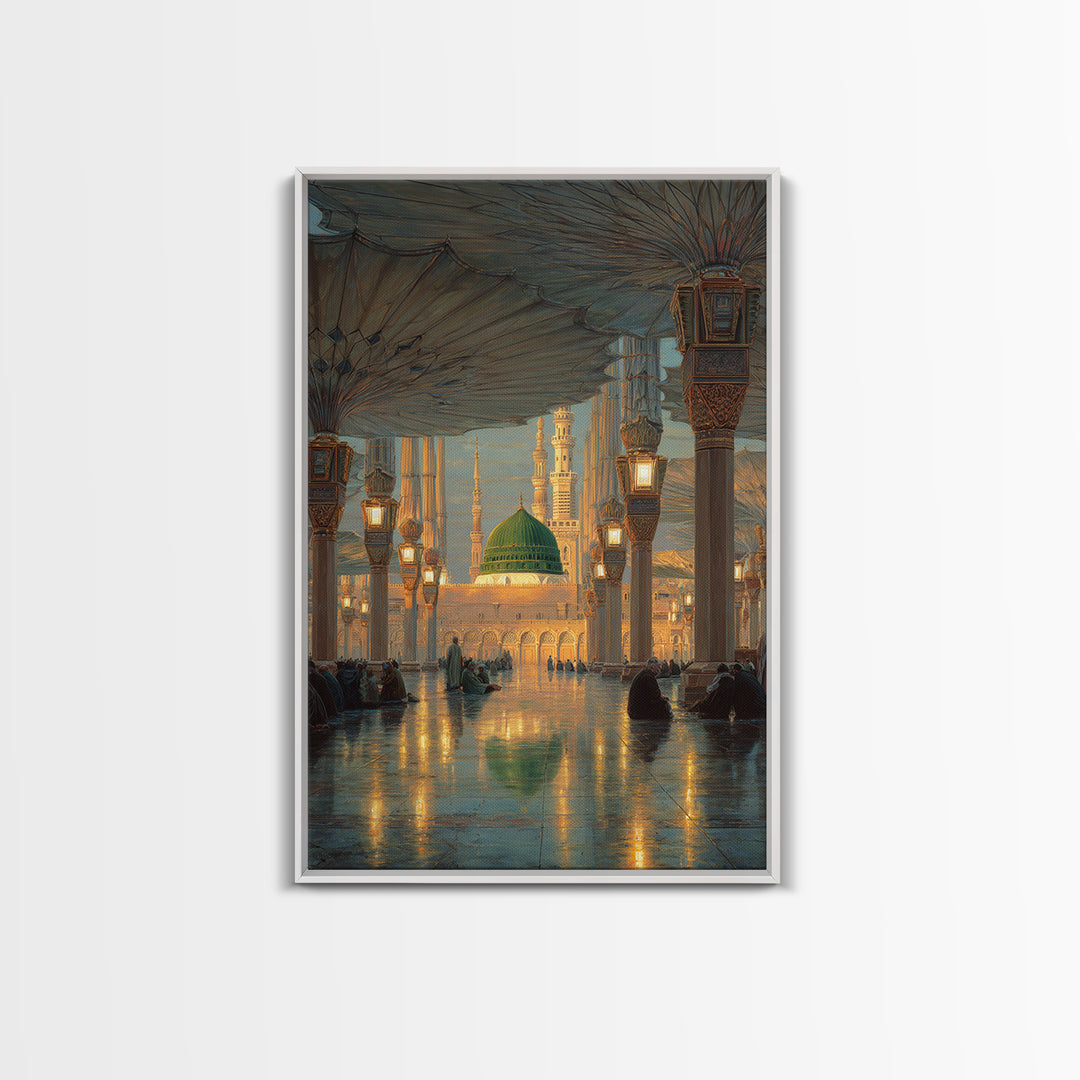 Historic Mosque Interior Painting With Ornate Architecture And Worshippers Canvas Print Wall Art For Spiritual Home Decor