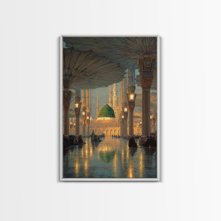 Historic Mosque Interior Painting With Ornate Architecture And Worshippers Canvas Print Wall Art For Spiritual Home Decor