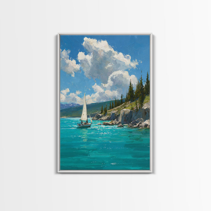 Serene Mountain Lake Sailing Scene Oil Painting Canvas Print For Calm Living Room Decor And Nautical Wall Art