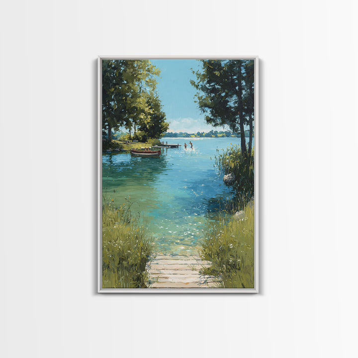 Peaceful Summer Lake Scene With Canoe And Children Splashing Wall Art Serene Landscape Framed Canvas Print Nature Decor