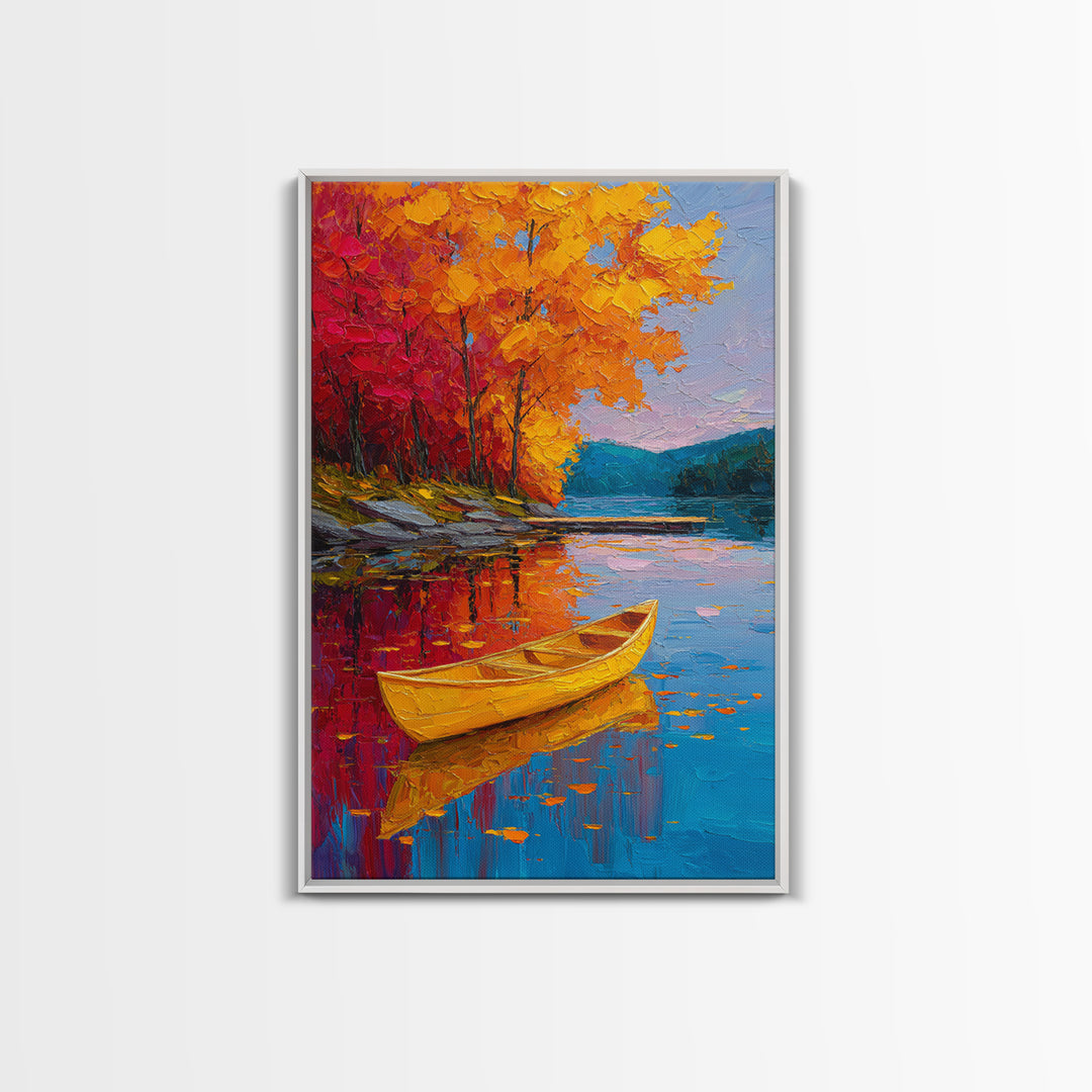 Vibrant Autumn Lake Scene With Yellow Canoe And Colorful Trees Wall Art Framed Canvas Print Fall Landscape Home Decor