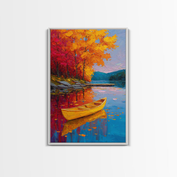 Vibrant Autumn Lake Scene With Yellow Canoe And Colorful Trees Wall Art Framed Canvas Print Fall Landscape Home Decor