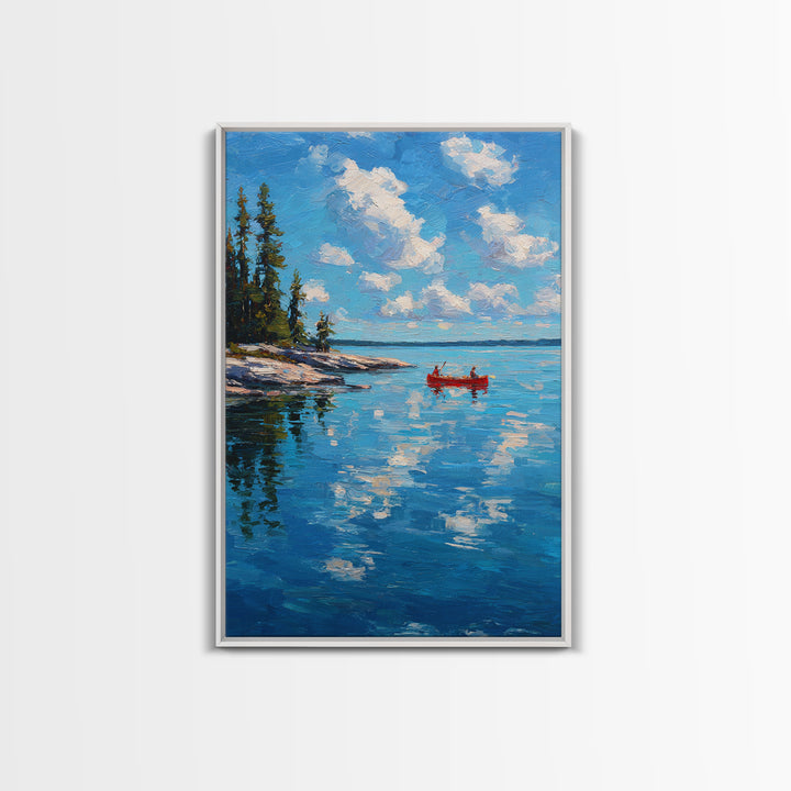 Pristine Lake Scene With Canoe And Pine Trees Under Blue Sky Captured In Classic Impasto Oil Painting
