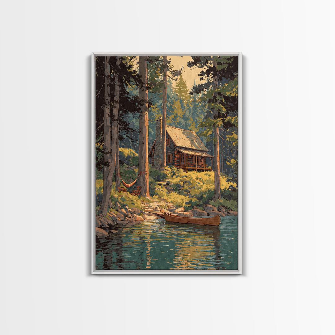 Cozy Log Cabin In Forest Landscape Painting Wall Art Boho Rustic Canvas Print For Cabin And Farmhouse Home Decor