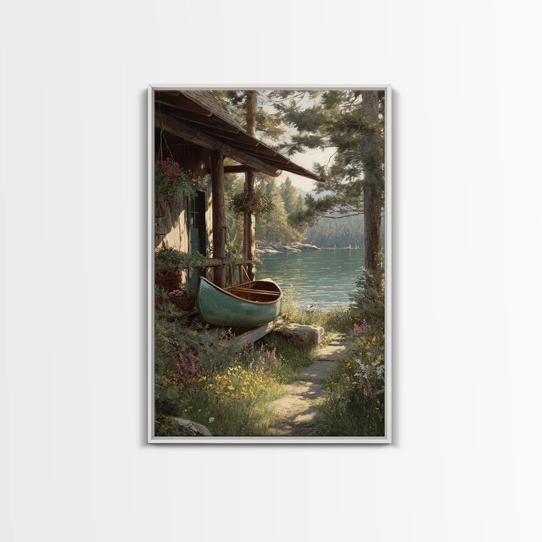 Peaceful Lakeside Cabin With Canoe Surrounded By Wildflowers Wall Art Framed Canvas Print For Rustic Home Decor