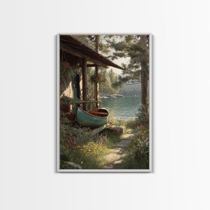 Peaceful Lakeside Cabin With Canoe Surrounded By Wildflowers Wall Art Framed Canvas Print For Rustic Home Decor