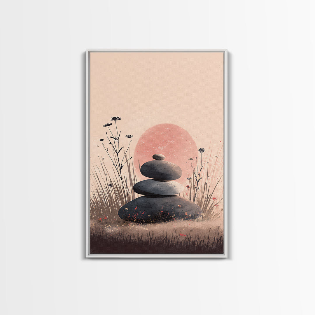 Stacked Zen Stones In Blush Grass Framed Canvas Print, Meditation Wall Art, Spa Wall Decor, Calming Minimalist Art, Peaceful Home Decor
